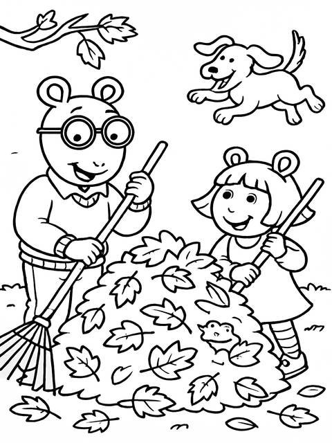 Arthur dean and a girl raking leaves, with a dog and a branch overhead