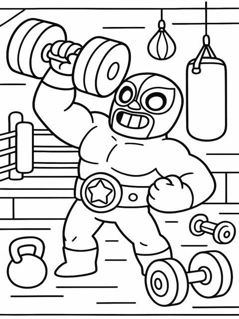 Coloring page featuring a brawl stars character lifting a dumbbell in a gym setting