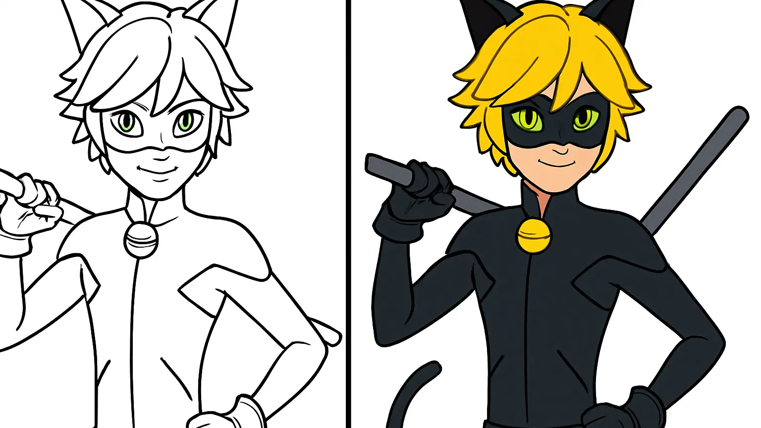 Cat noir coloring page featuring the superhero with mask, costume, and staff