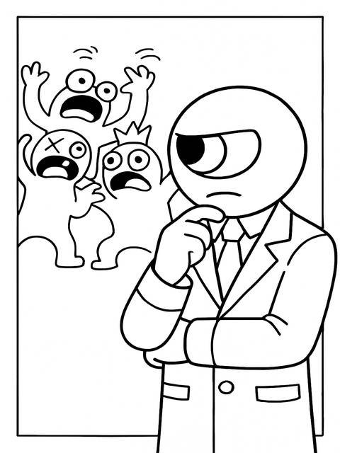 Coloring page featuring a thoughtful figure and frightened rainbow friends characters