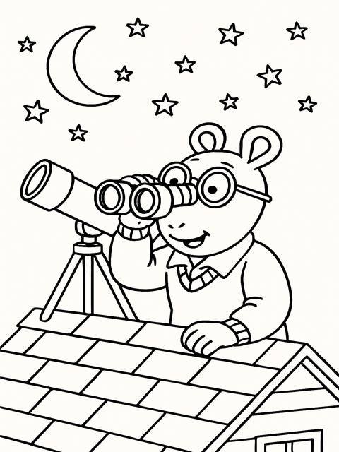 Arthur dean, an animated character, looking through binoculars at the night sky