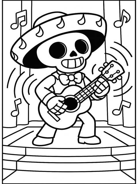 Black and white coloring page of a skeleton mariachi playing a guitar