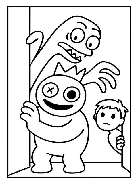 Rainbow friends coloring page featuring cartoon monsters and a scared child
