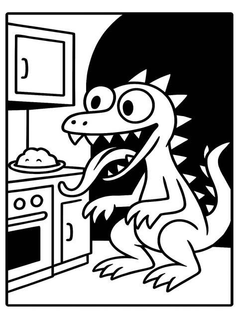 Coloring page of a friendly monster in a kitchen setting, ready for coloring