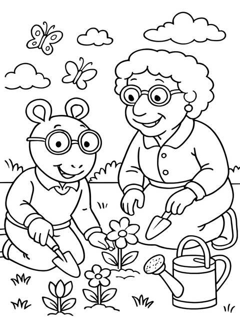 Arthur and a woman gardening together, planting flowers in a black and white image