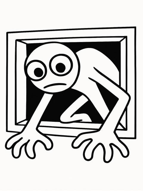 A cartoon character peeking out of a frame, possibly for a rainbow friends coloring page