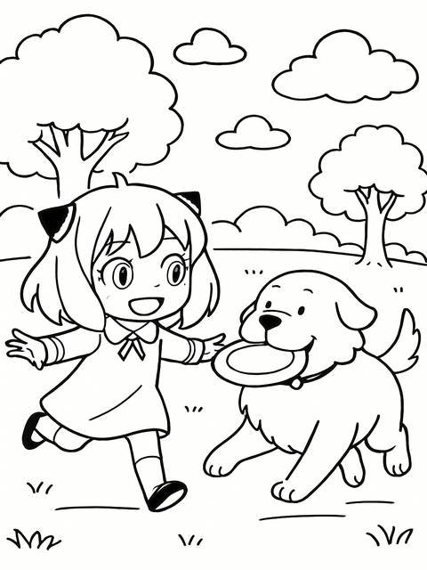 Anya from a coloring page runs towards a dog with a frisbee in its mouth