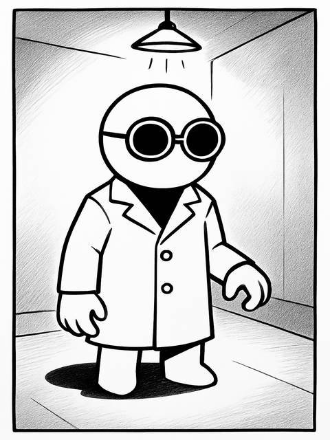 Coloring page of a character with glasses and lab coat, under a light