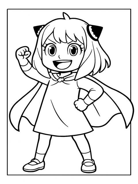 Anya from coloring pages, smiling and raising a fist, ready for coloring