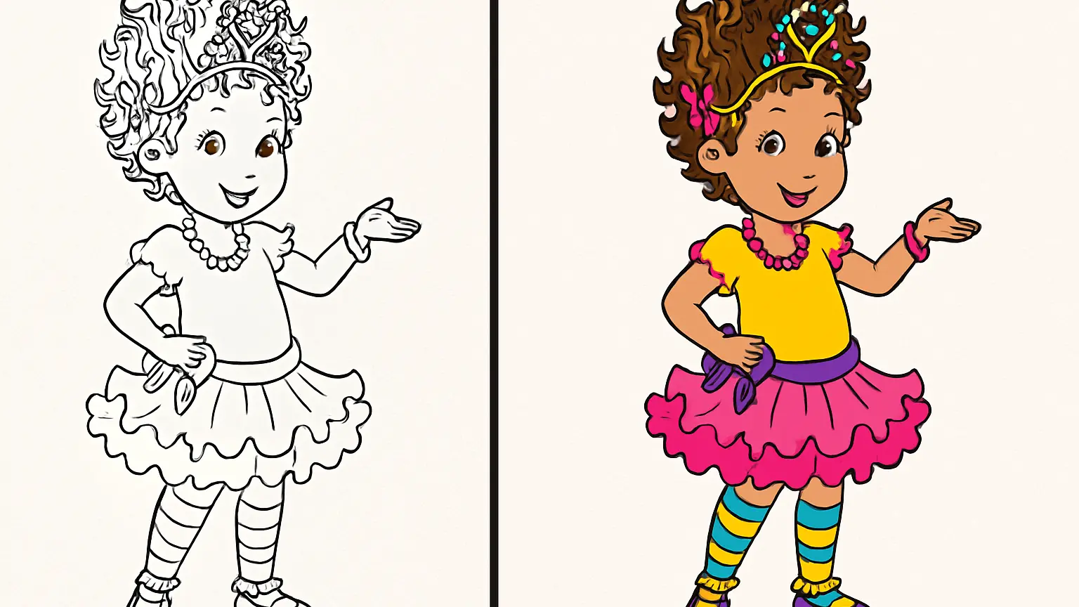 Fancy nancy coloring page: a young girl in a tutu and crown, gesturing outward