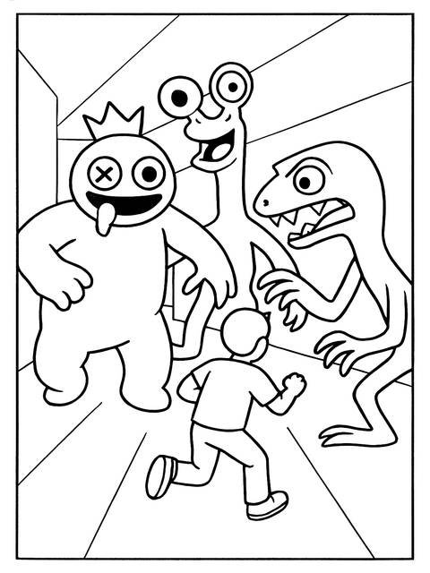 Coloring page featuring rainbow friends characters chasing a running person