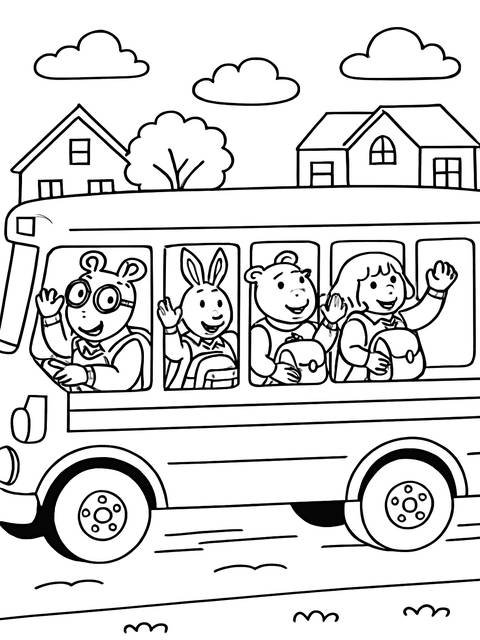 Arthur and friends waving from a school bus, heading towards a neighborhood