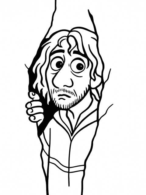Black and white coloring page of bruno from encanto, peeking through a gap