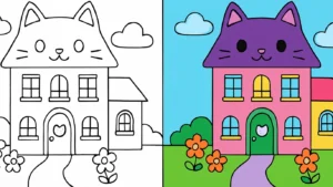 Gabby's dollhouse coloring page: a cat-shaped house with flowers and a path