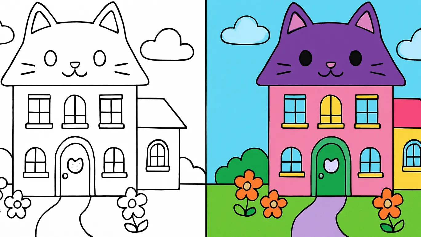 Gabby's dollhouse coloring page: a cat-shaped house with flowers and a path