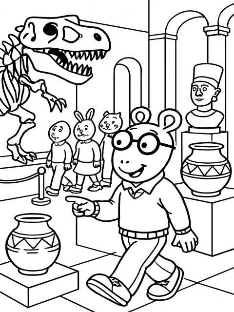 Arthur dean coloring page: arthur and friends at a museum with dinosaur and artifacts