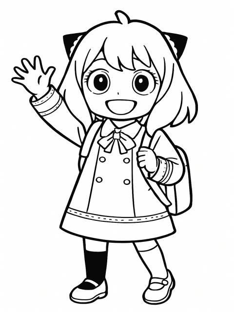 Coloring page of anya, a young girl waving, with a backpack, ready for school