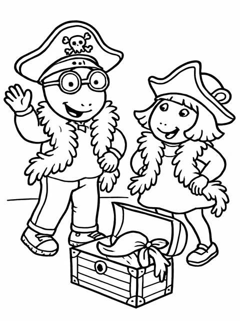 Arthur and a friend dressed as pirates, standing by a treasure chest