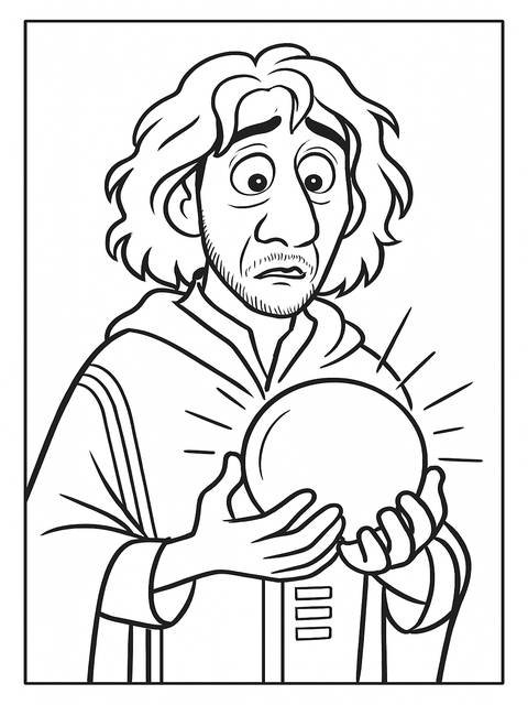Black and white coloring page of bruno from encanto holding a glowing orb