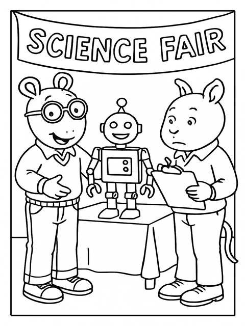 Arthur and friends at a science fair, showcasing a robot project