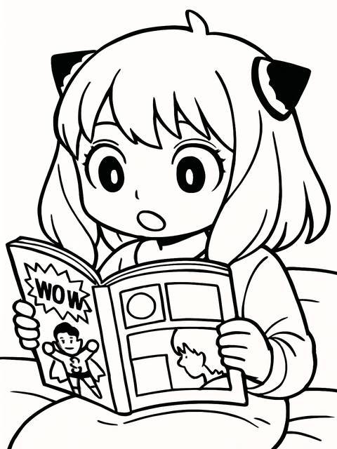 Anya from a coloring page, reading a comic book with a surprised expression