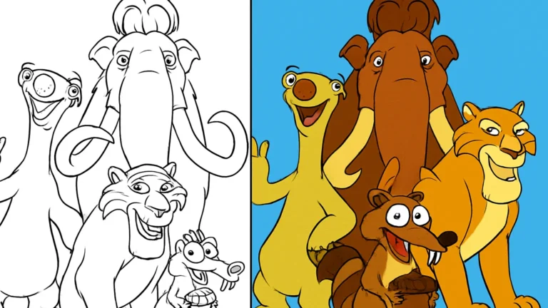 Ice age coloring page featuring manny, sid, diego, and other characters