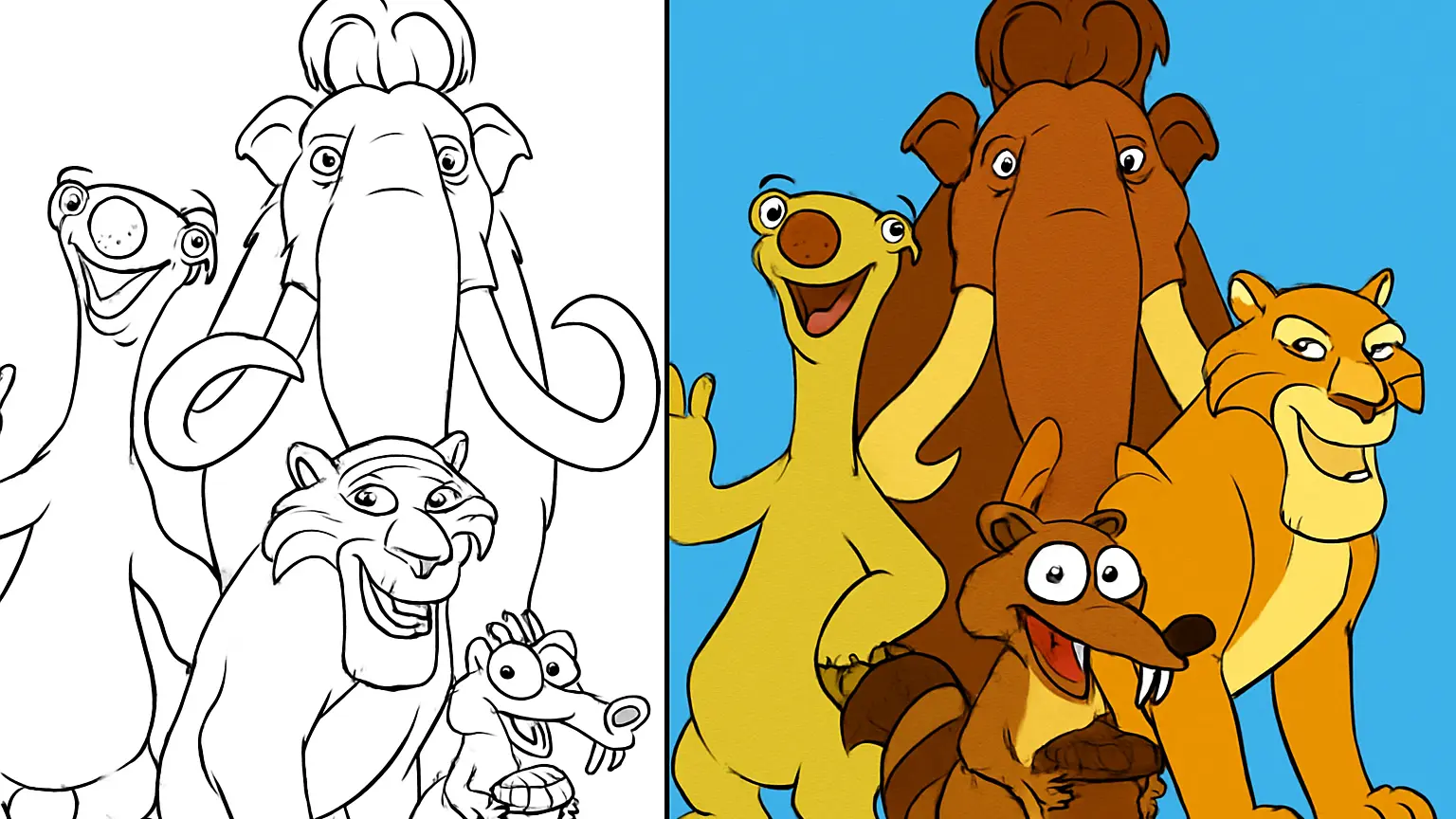 Ice age coloring page featuring manny, sid, diego, and other characters