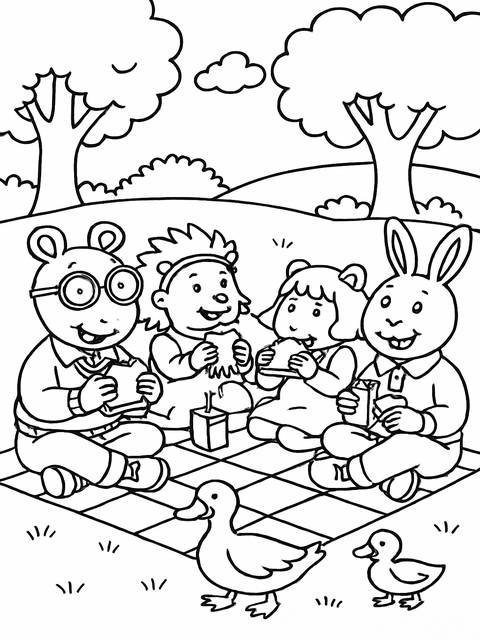 Arthur and friends enjoying a picnic with ducks in a coloring page illustration
