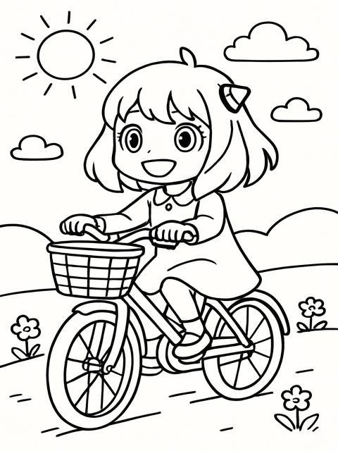 Coloring page of anya riding a bicycle, sunny day, with a basket