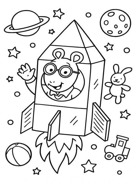 Arthur dean in a rocket ship, surrounded by planets, stars, and a toy rabbit