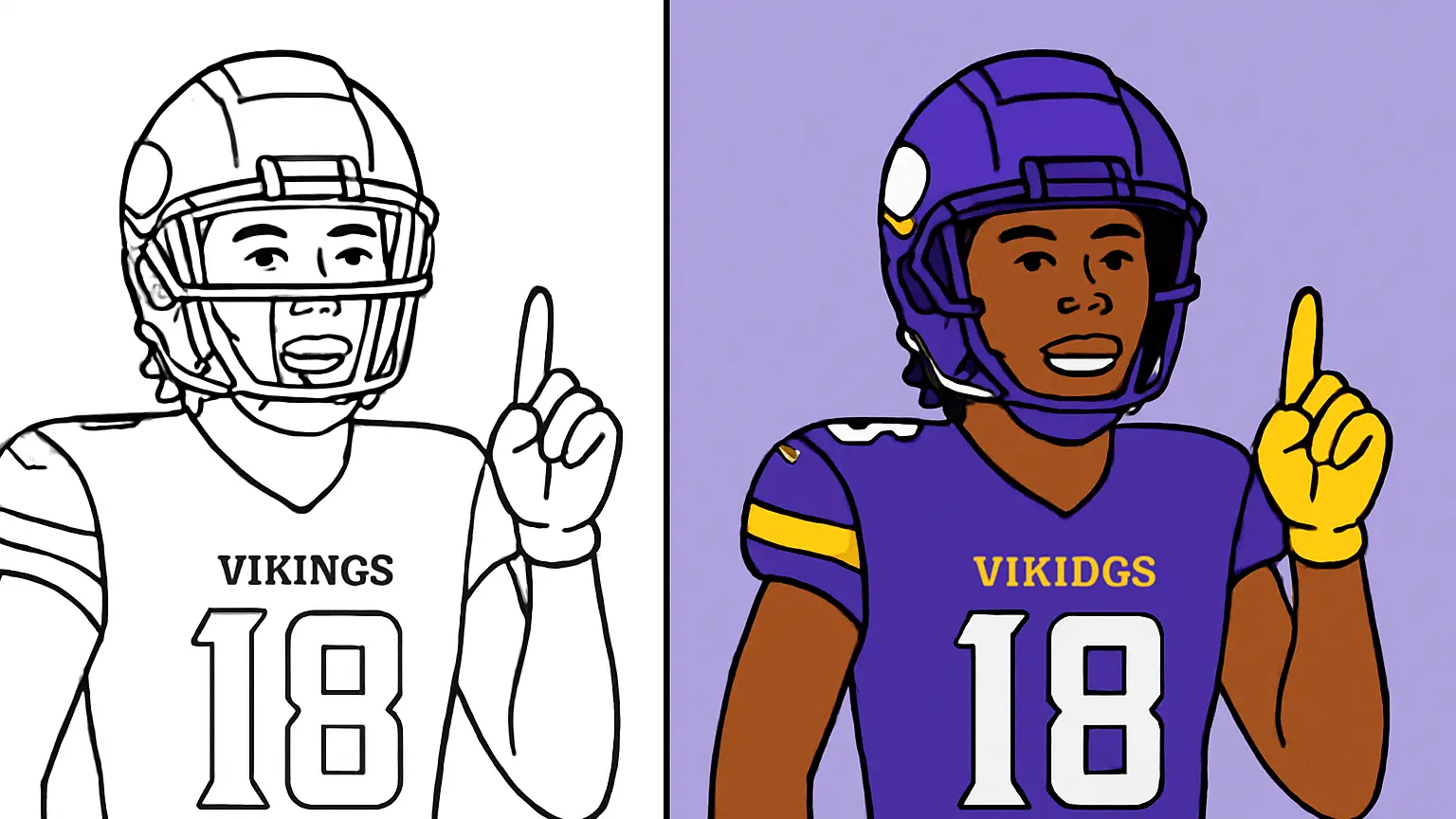 Justin jefferson coloring page: vikings player in uniform, pointing up, number 18