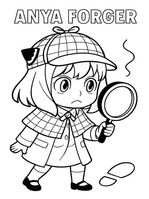 Anya forger detective coloring page holding a magnifying glass, with footprints