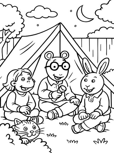 Arthur, friends, and a cat camping under a tent, enjoying the night