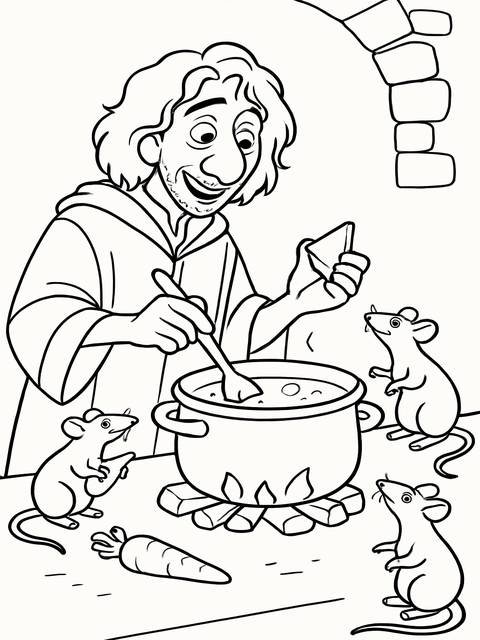 Bruno from encanto coloring page, cooking with mice, and a carrot