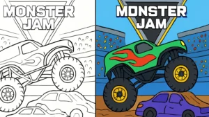 Monster jam coloring page featuring a monster truck crushing a car