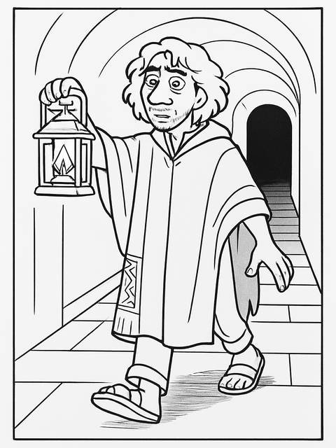 Coloring page of bruno from encanto, holding a lantern in a tunnel