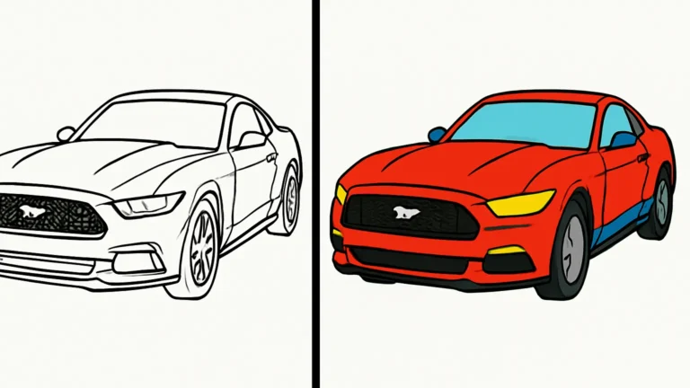 Mustang coloring page featuring a red car, with a black and white outline