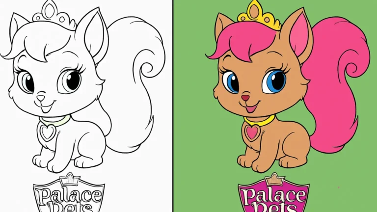 Palace pets coloring page featuring a cute, crowned squirrel with pink accents
