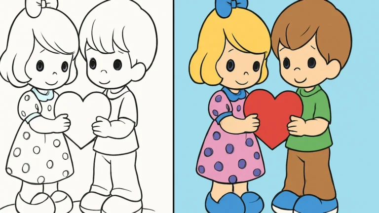 Precious moments coloring page featuring two children holding a heart together