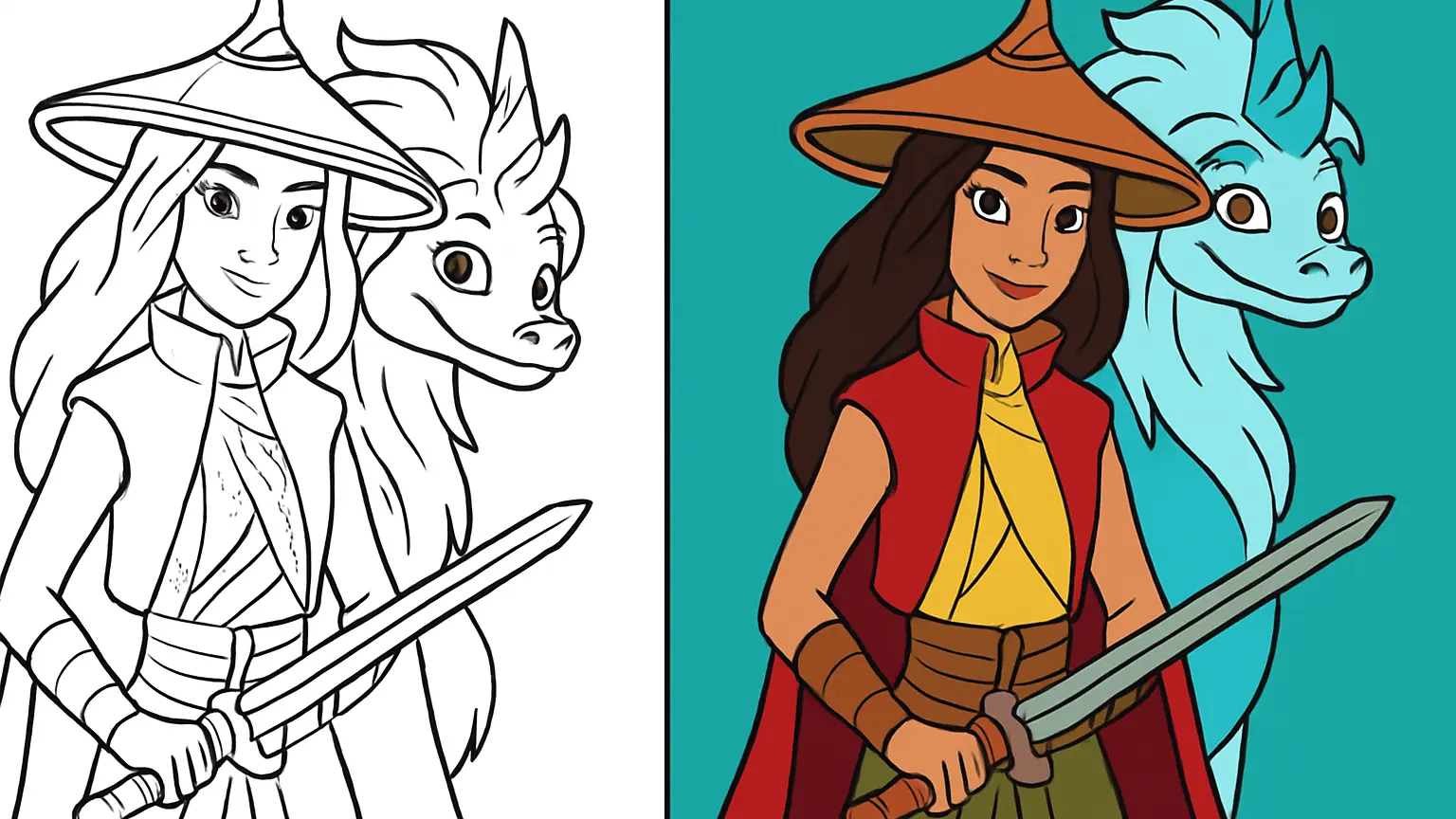 Raya and the last dragon coloring page featuring raya with a dragon and sword