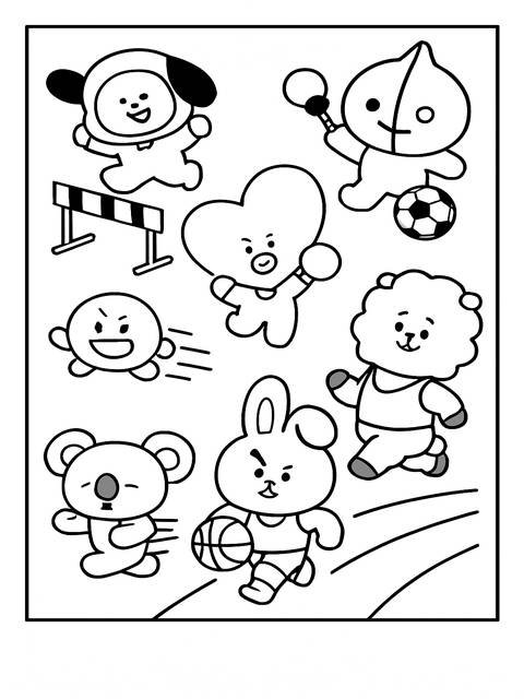 Bt21 toys coloring page featuring various characters engaged in sports activities, ready for coloring