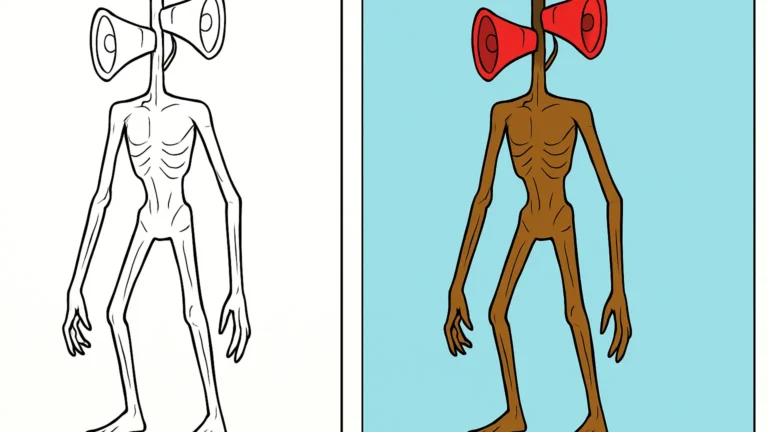 Siren head coloring page: a tall, skeletal creature with siren-shaped head