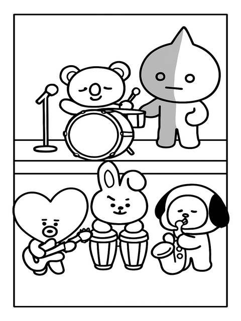 Bt21 toys coloring page featuring musical characters playing various instruments on a stage
