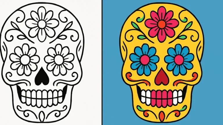 Sugar skull coloring page featuring floral designs, perfect for day of the dead