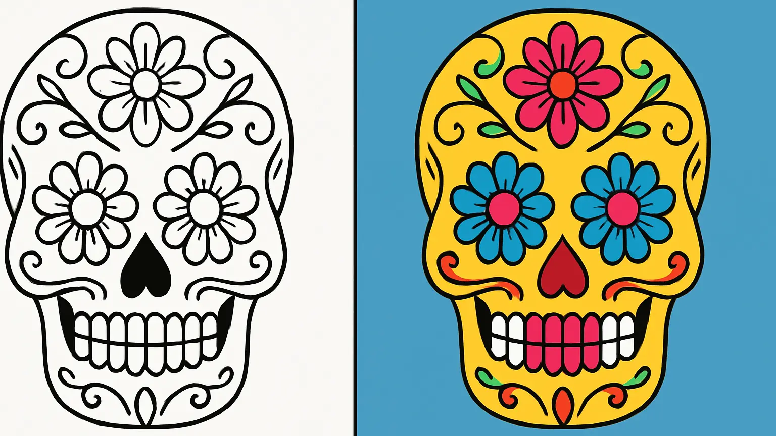 Sugar skull coloring page featuring floral designs, perfect for day of the dead