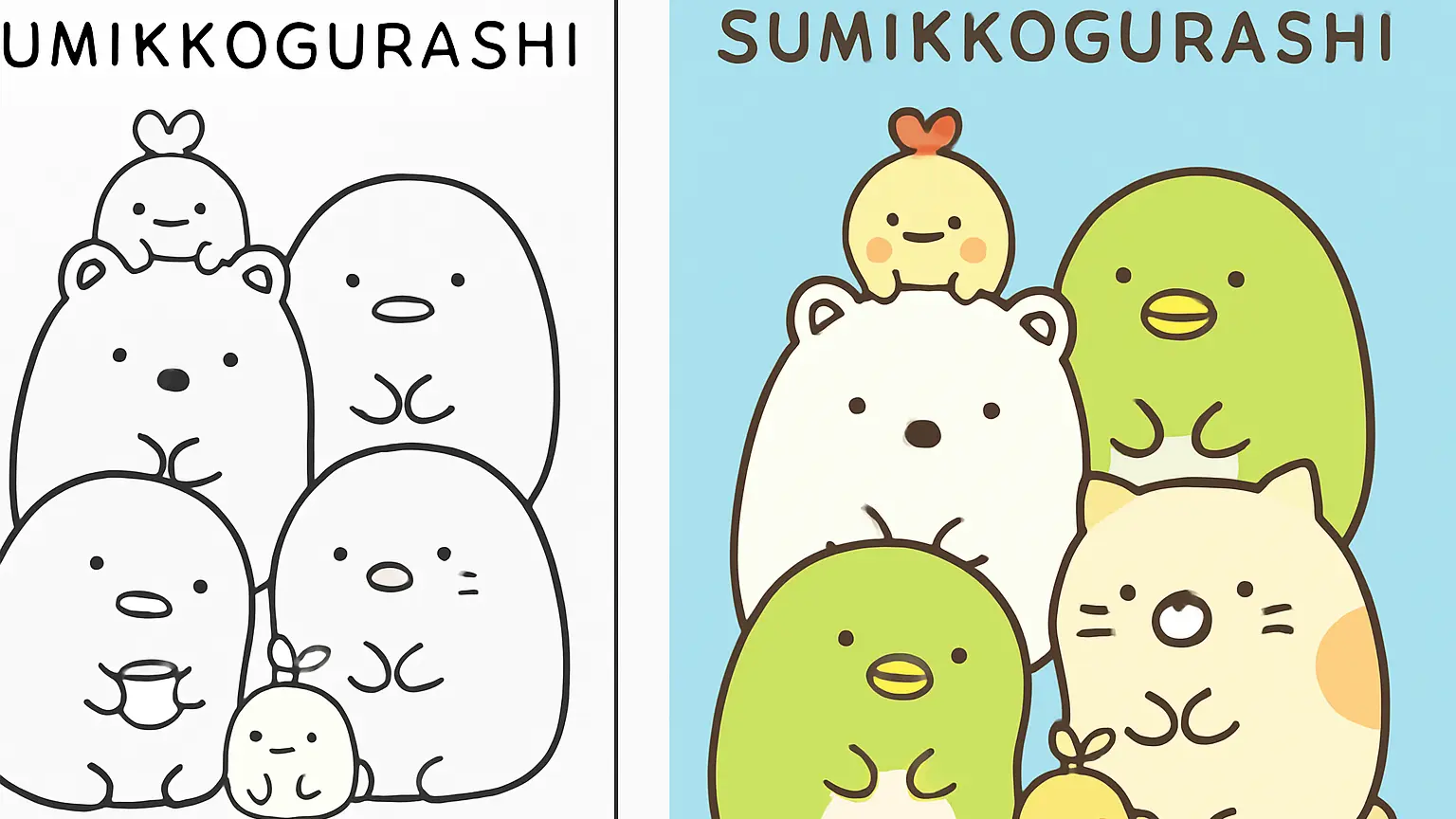 Sumikko gurashi coloring page featuring various cute characters, ready for coloring