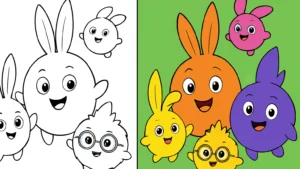 Sunny bunnies coloring page featuring cheerful cartoon bunnies in various colors