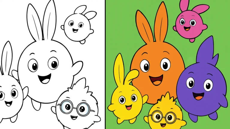 Sunny bunnies coloring page featuring cheerful cartoon bunnies in various colors