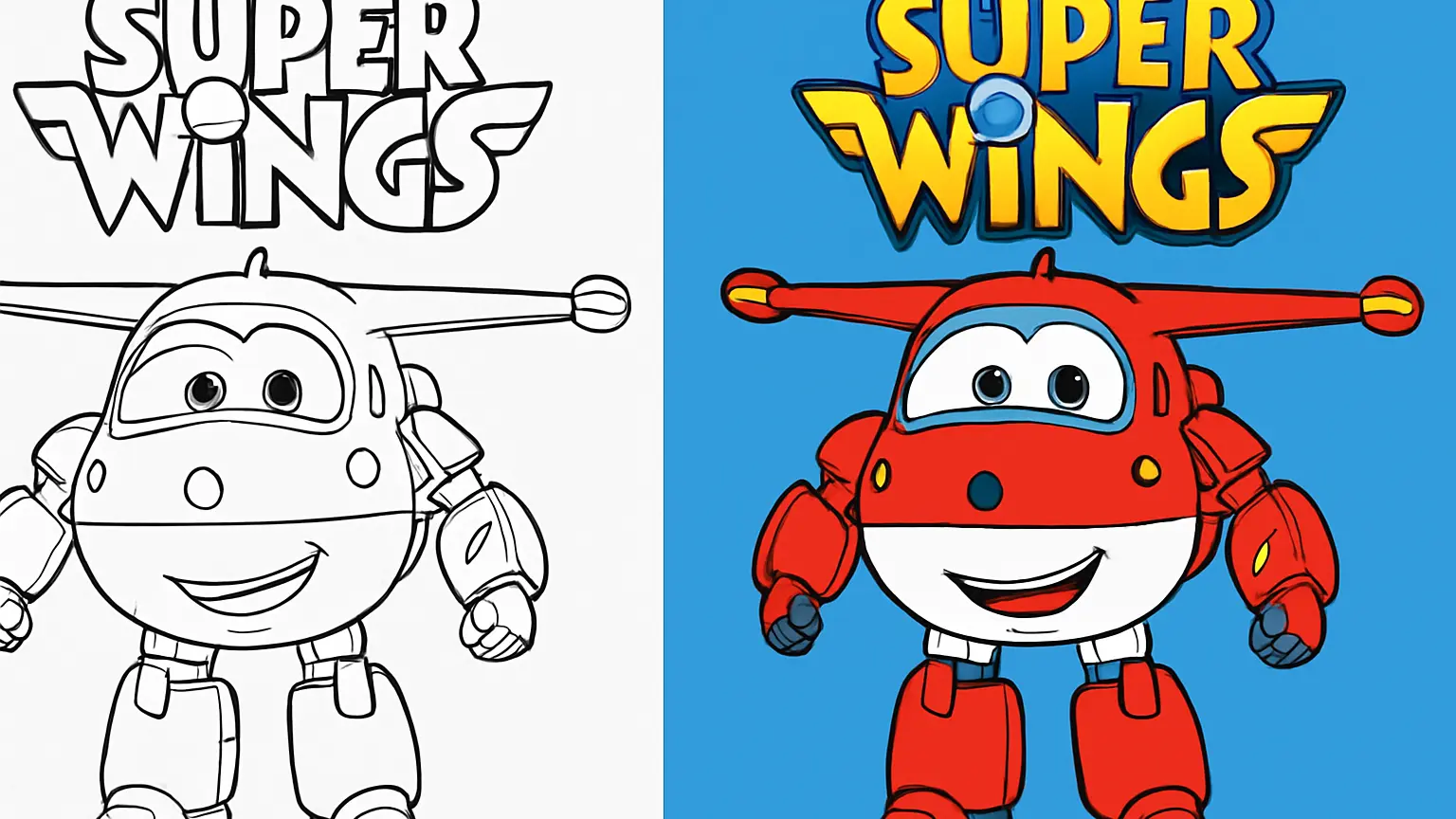 Super wings coloring page featuring jett, the red airplane character, smiling