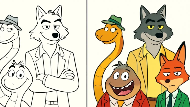 The bad guys coloring page featuring the wolf, snake, shark, piranha, and fox